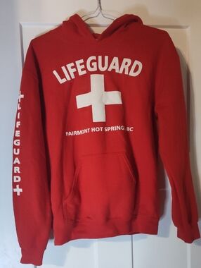Vintage Gildan Red Lifeguard Pullover Hoodie with White Cross